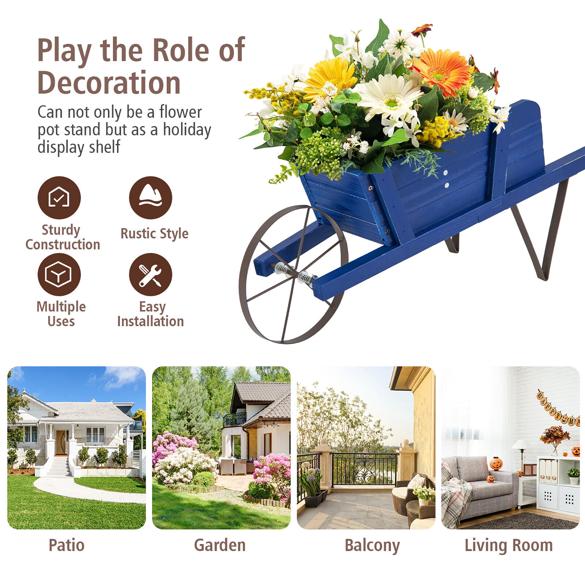 Gymax Wooden Wagon Planter Decorative Indoor/Outdoor Rustic Flower Cart w/Wheel Blue