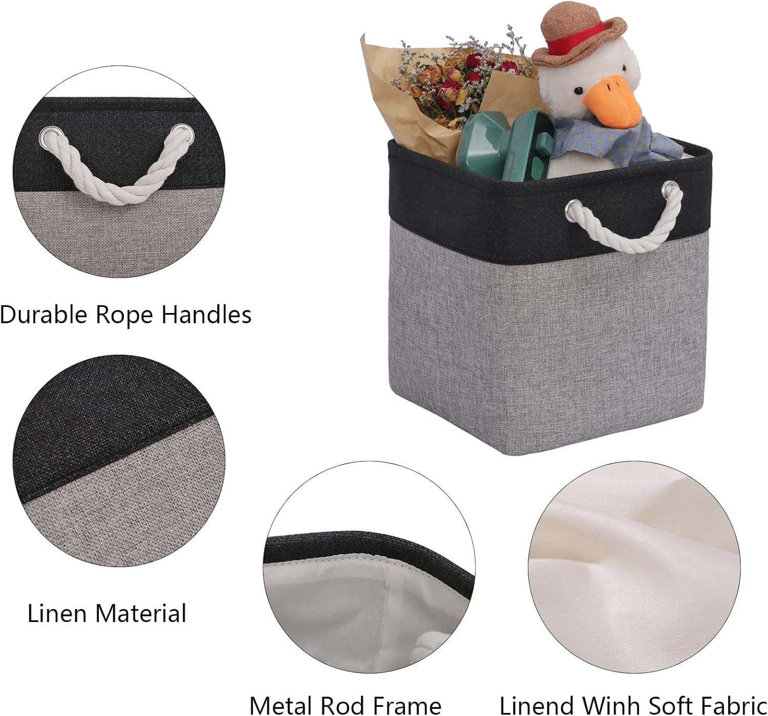 Large Cube Storage Baskets (10.5 × 10.5 × 11 inches), Canvas Fabric Collapsible Storage Boxes with Cotton Handles for Closet, Shelves, Clothes, Toys, Towel (Black&Grey-6Pack)