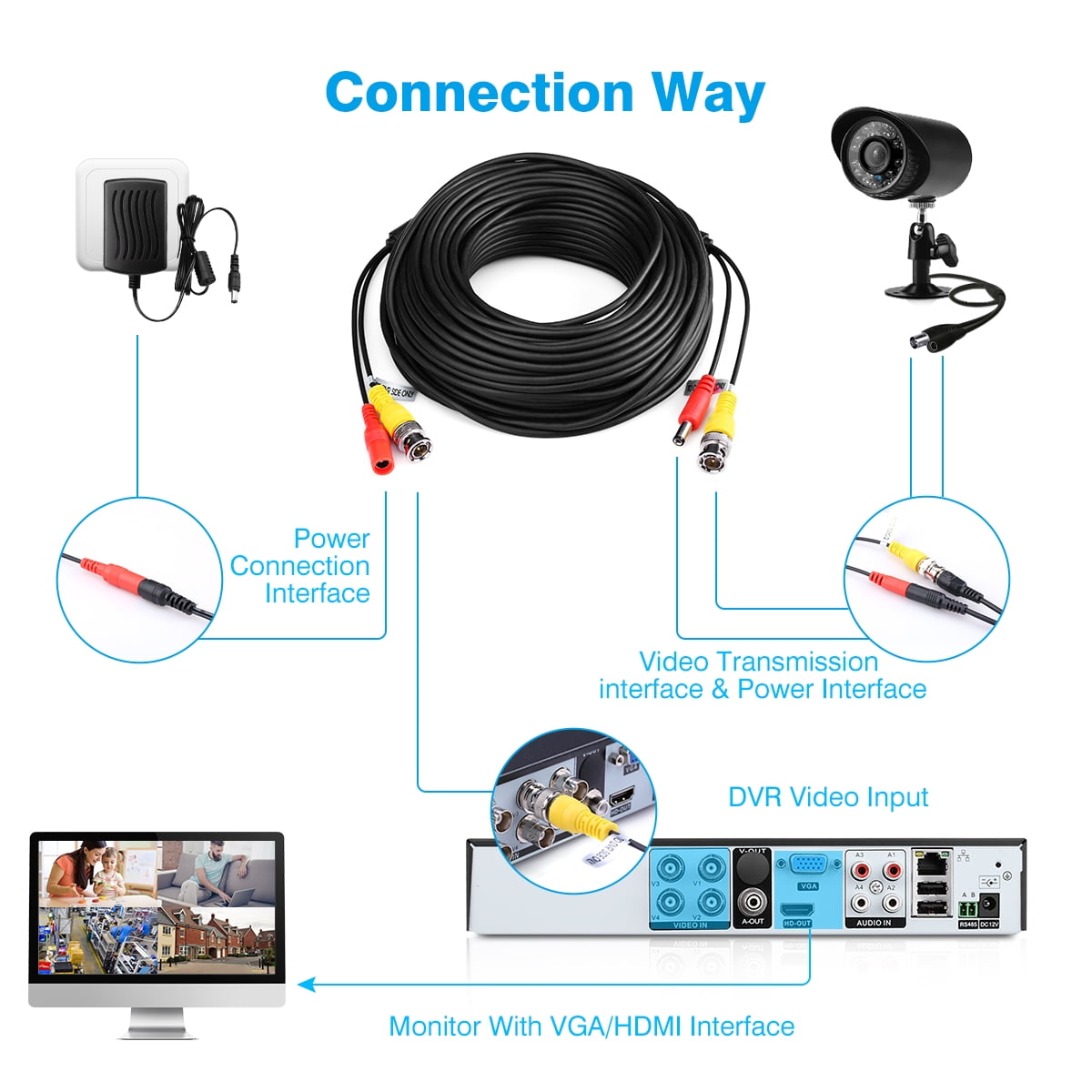 30M Security Surveillance Cable CCTV DVR Camera Recorder Video Cable DC