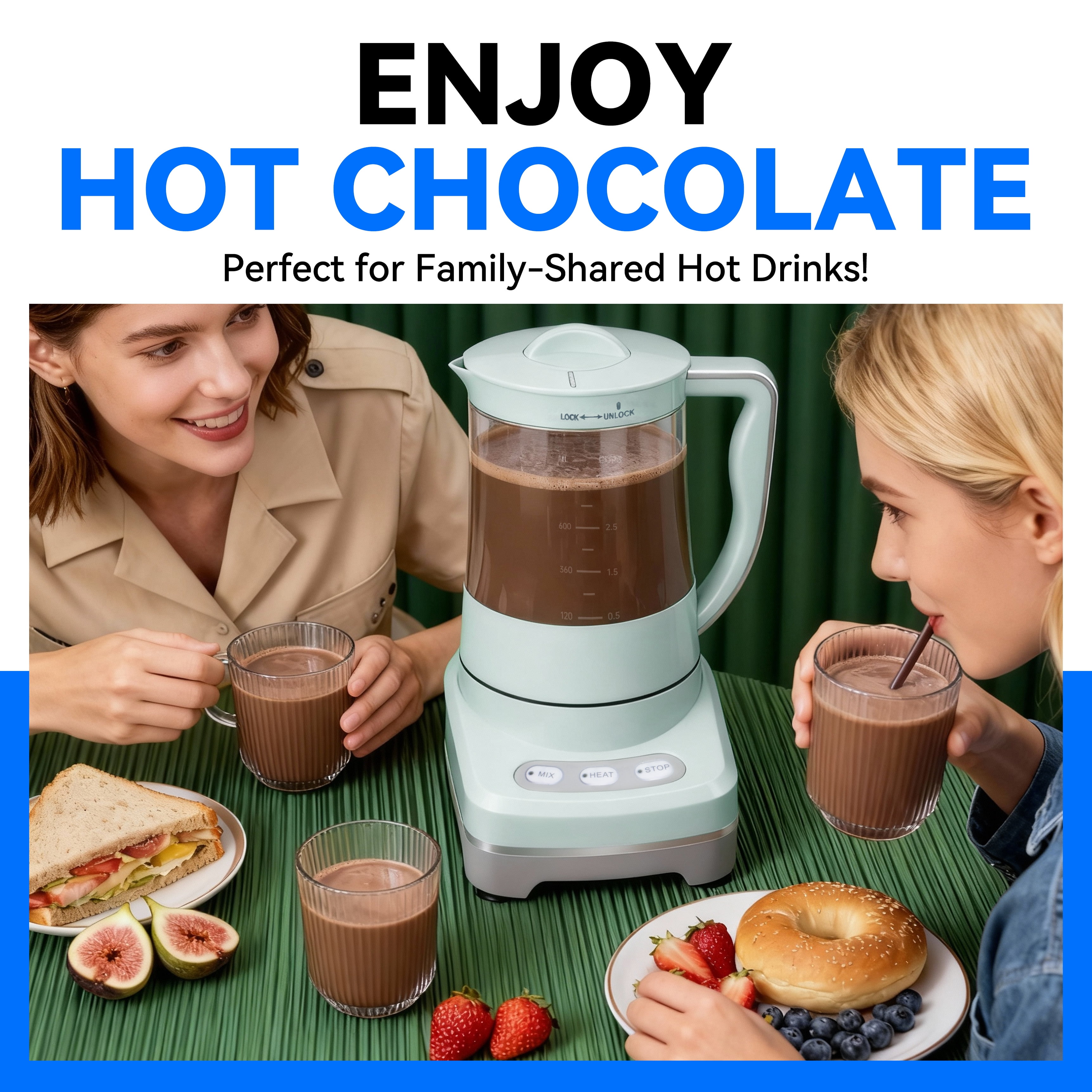 Mailand Hot Chocolate Maker, Milk Warmer for Coffee & Drink, 3-in-1 Warm Chocolate Machine, 3.5 Cups, 29 Oz, Aqua