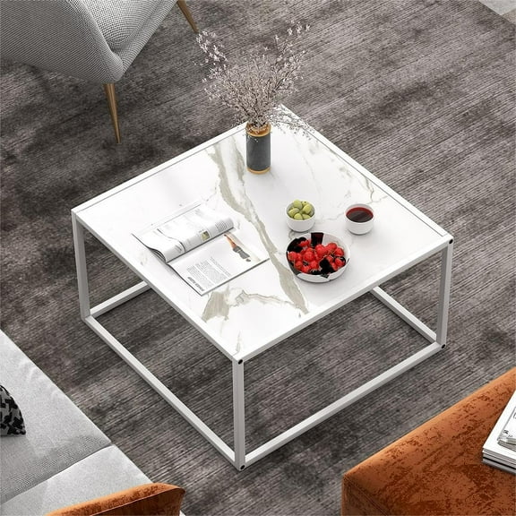 CRXX Square Coffee Table with Faux Marble Tabletop & Steel Frame, Center Cocktail Table, Accent Living Room Furniture, Low Bedside Table, Easy Assembly (White)