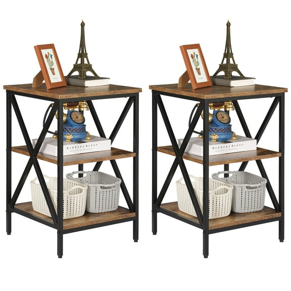 HomGarden 2 Pack Industrial End Table 3-Tier Square Sofa Side Table Metal Frame Rustic Brown
