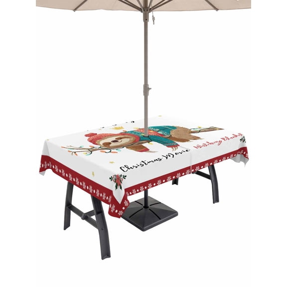 Outdoor Tablecloth with Umbrella Hole and Zipper, Red Christmas Rectangle Table Cloth 54x80 Inch Waterproof Tablecloth, Sloths Xmas Botanical Winter Picnic Table Cover for Patio Camping