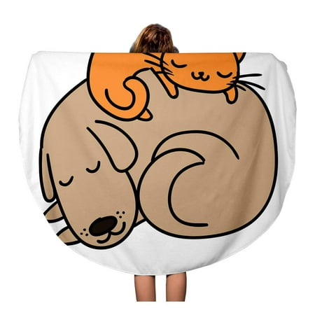 KDAGR 60 inch Round Beach Towel Blanket Cute Sleeping Dog and Cat Best Friends Adorable Travel Circle Circular Towels Mat Tapestry Beach