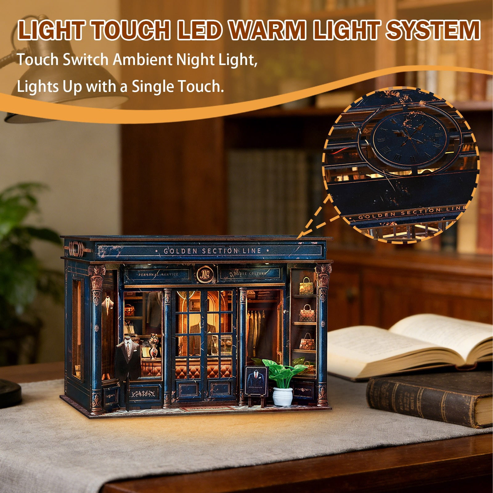 DIY Book Nook Kit - DIY Miniature Dollhouse Kit 3D Wooden Puzzles Gentleman's Clothing Store, Tiny House Bookshelf Decor with LED, Gift for Adults - Golden Section Line