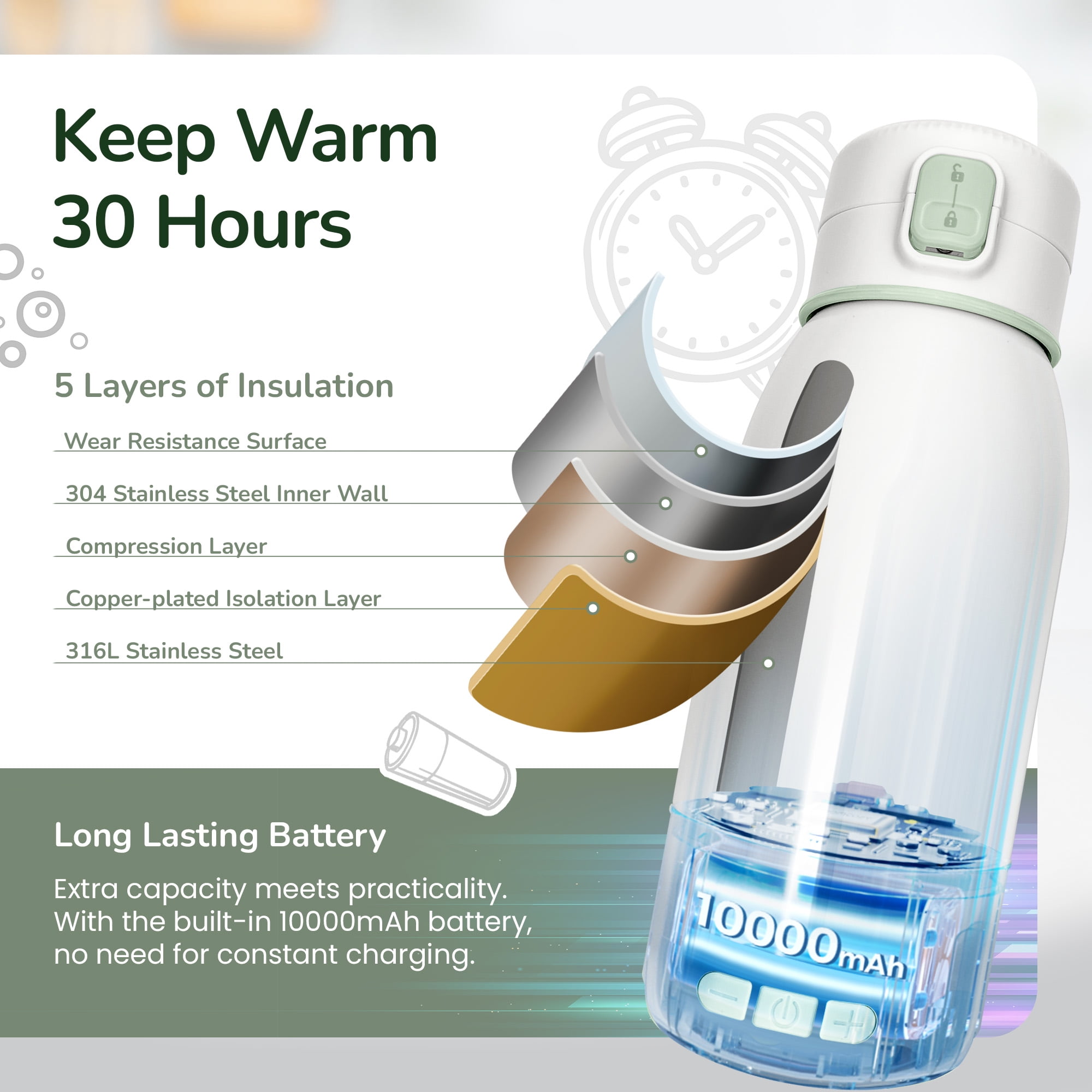 Portable Milk Warmer for Travel, 17 oz Capacity, 3 Min Fast Heating & Long Battery Life, Baby Bottle Warmer for Breast Milk and Water On-The-Go, Pasteurization Mode, Meets Full Day Feeding Needs