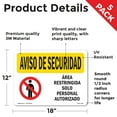 thumbnail image 2 of Restricted Area Authorized Spanish OSHA Security Notice Vinyl Decal Label 18 Inch x 12 Inch - 5 Pack, 2 of 6