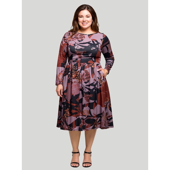 Plus Size Floral Pleated Fit N Flare Midi Dress