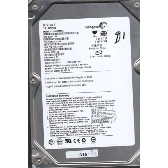 ST3160022ACE, 5MT, WU, PN 9W6024-191, FW 9.51, Seagate 160GB IDE 3.5 Hard Drive