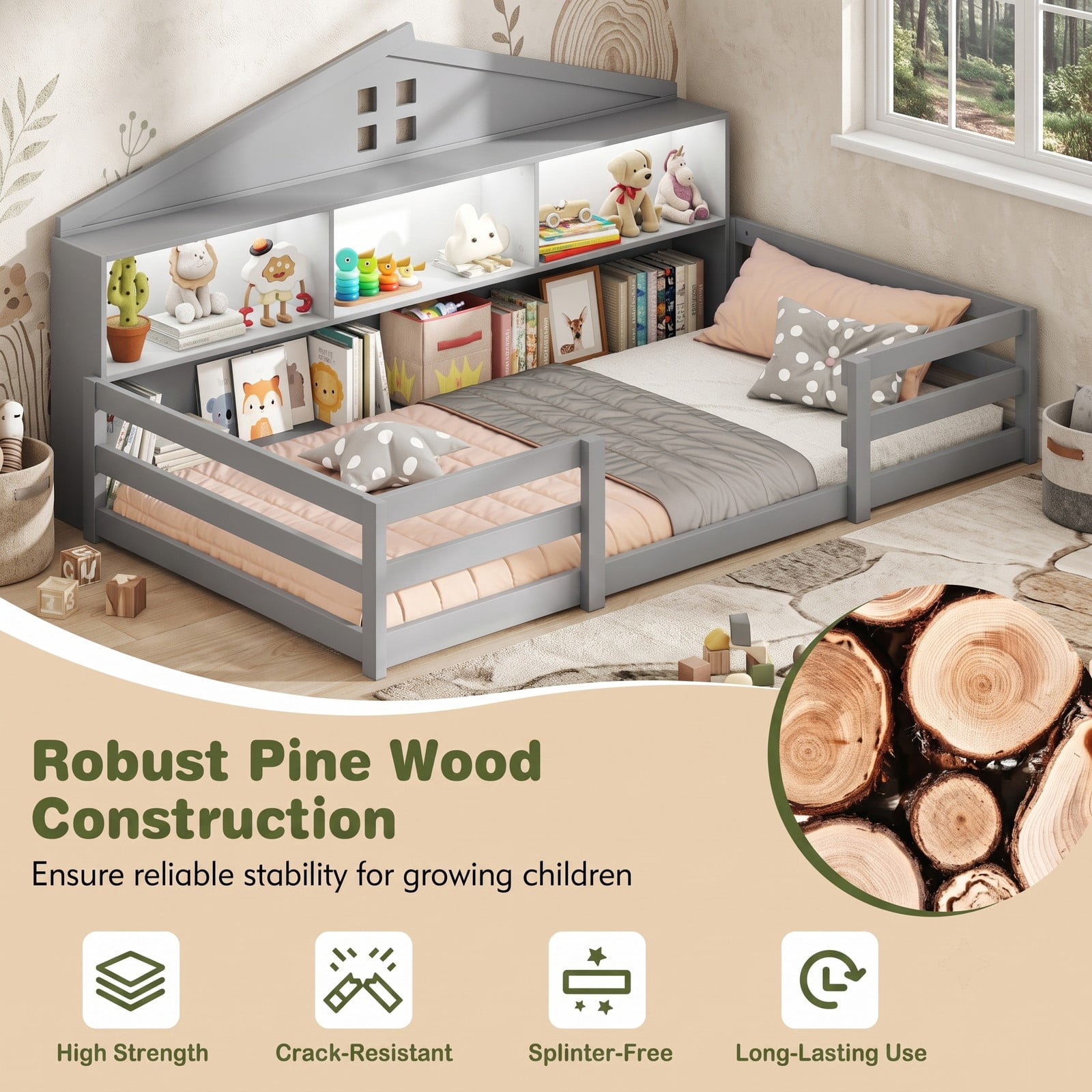 Furnibear Twin Bed Frame Montessori Floor Bed with House Headboard and Storage Shelf, Kids Room Floor Bed Frame with Headboard, Gray