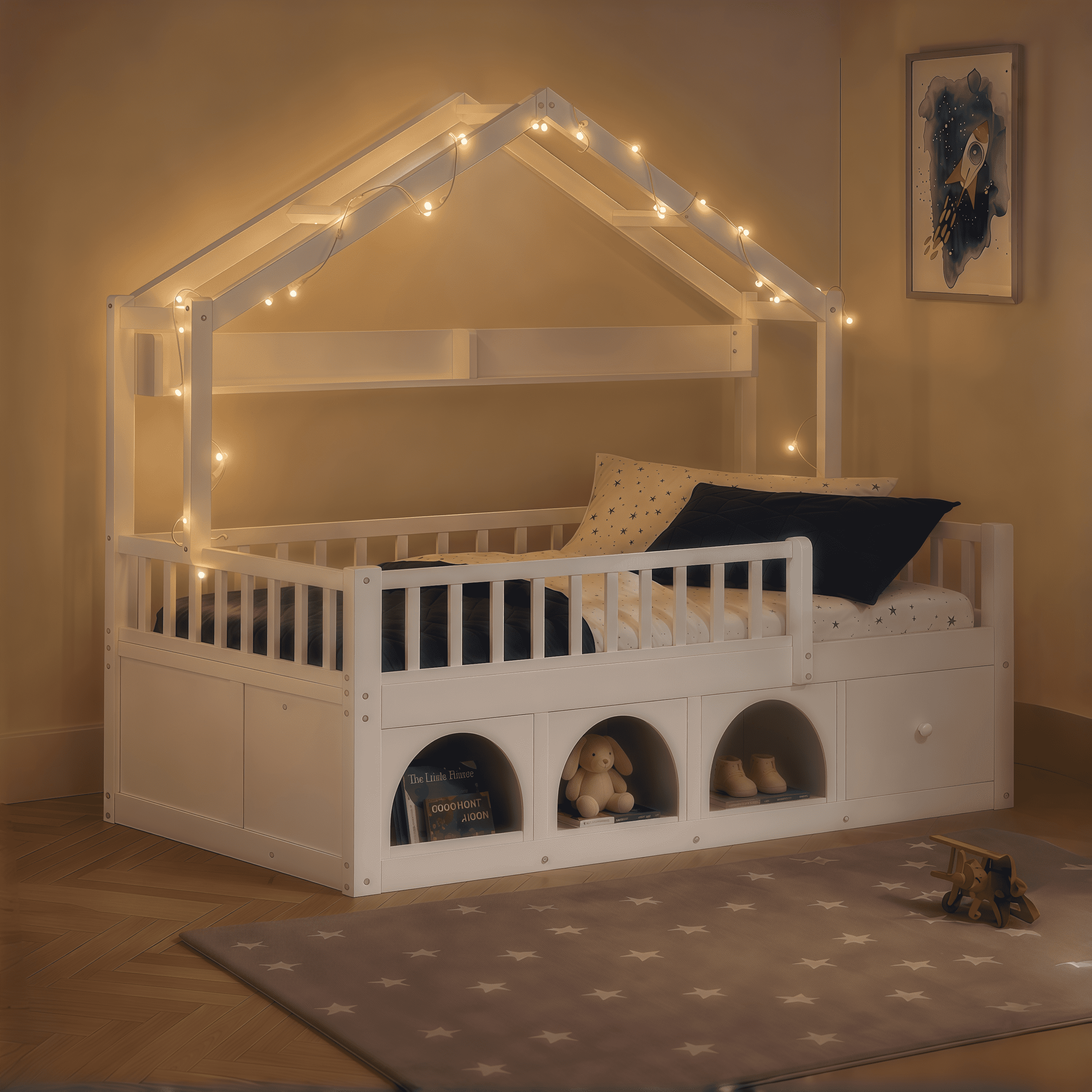 Euroco Wood Twin Size Platform Bed with Drawers and Cabinets, House Bed with LED Light and Bookshelf, White