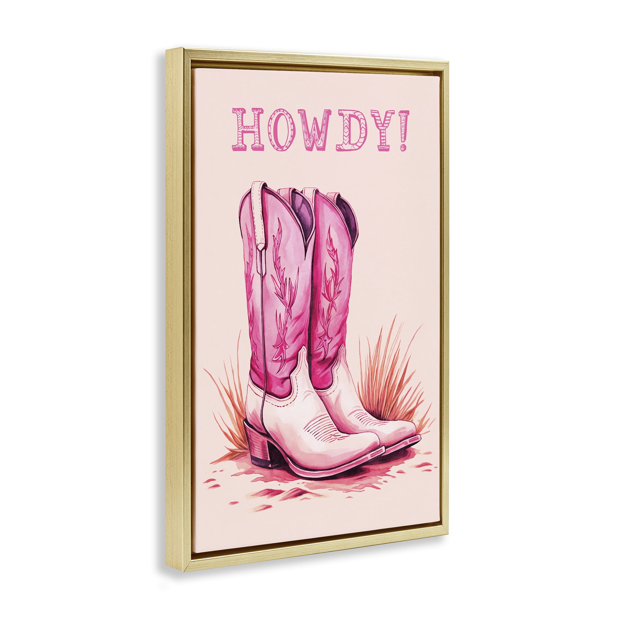 Stupell Industries Pink Cowgirl Boots Howdy Fashion Painting Gold Floater Framed Canvas Art Print Wall Art, 17 x 25