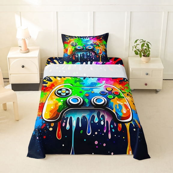 Erosebridal Ice Cream Teens Gamepad Twin Sheet Sets,Colorful Splash Ink Bedding For Kids Boys 3pcs