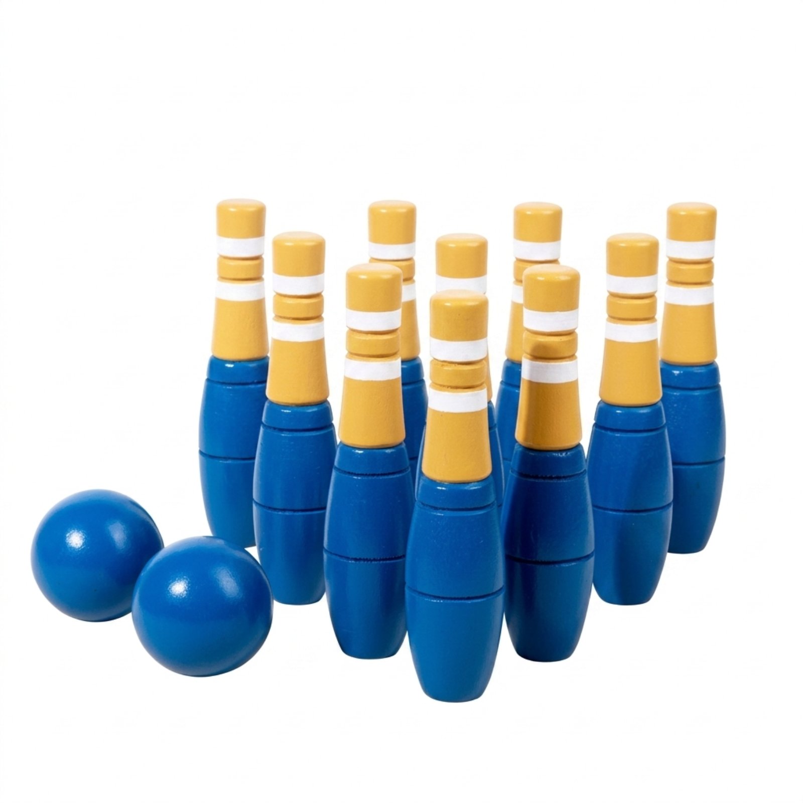 LeeQinersw 18 Piece Wooden Bowling Game with Blue and Yellow Pins for Young Children Fine Motor Control Practice Interactive Family Entertainment Toy