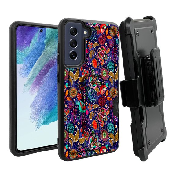 ANJ  Rugged Dual Layer Shockproof Holster Case w/Card Slot   Tempered Glass Cover for Samsung Galaxy S21 FE 5G - Tropical Jungle