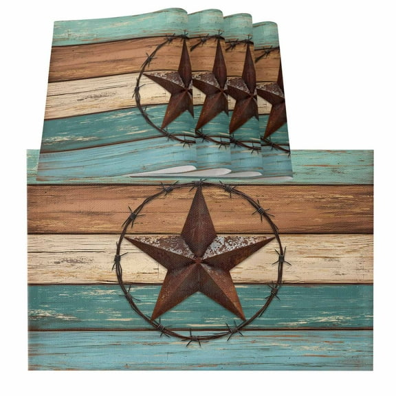 Vintage Teal Placemats for Dinning Table Set of 4, Brown Western Texas Barn Star Wood Grain Burlap Kitchen Place Mats Waterproof Cloth Table Mats, Indoor Outdoor Placemats Easy Clean Dinner Decor