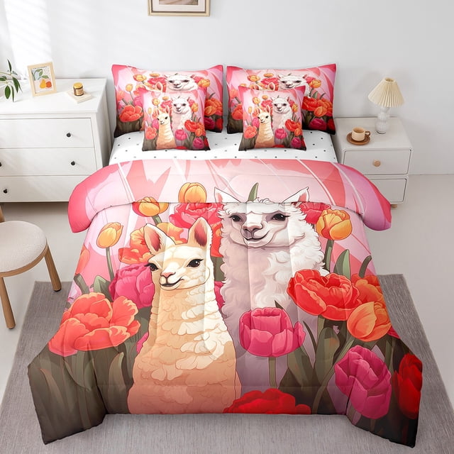 YST Ensemble Douillette 7 Pcs Format Double, Ensemble de Literie Mignon Llama Fleurs Romantiques, Polyester