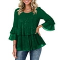 thumbnail image 7 of BLVB Womens Dressy Sparkly Peplum Tops 3/4 Sleeve Ruffles Elegant Evening Flowy Blouses Layered Crewneck Party Shirts, 7 of 7