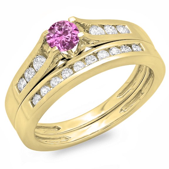 Dazzlingrock Collection 14K Round Pink Sapphire & White Diamond Bridal Engagement Ring Band Set, Yellow Gold, Size 7