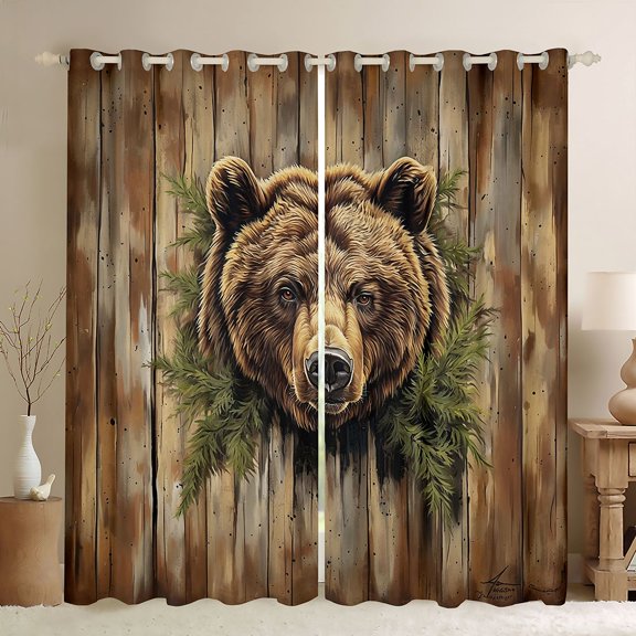 jejeloiu Woodland Animal Bear Black Out Curtains,Old Barn Door Curtains Pack of 2 (42x63 Each),Brown Green Bedroom Curtains For Boys Teens,Luxury Bedroom Decor
