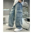 thumbnail image 4 of UACY Boy's Girls Cargo Jeans Baggy Denim Pants Elastic Waist Straight Wide Leg Jeans Streetwear with Pockets ﻿ (Dark Blue, 13-14 Years), 4 of 7