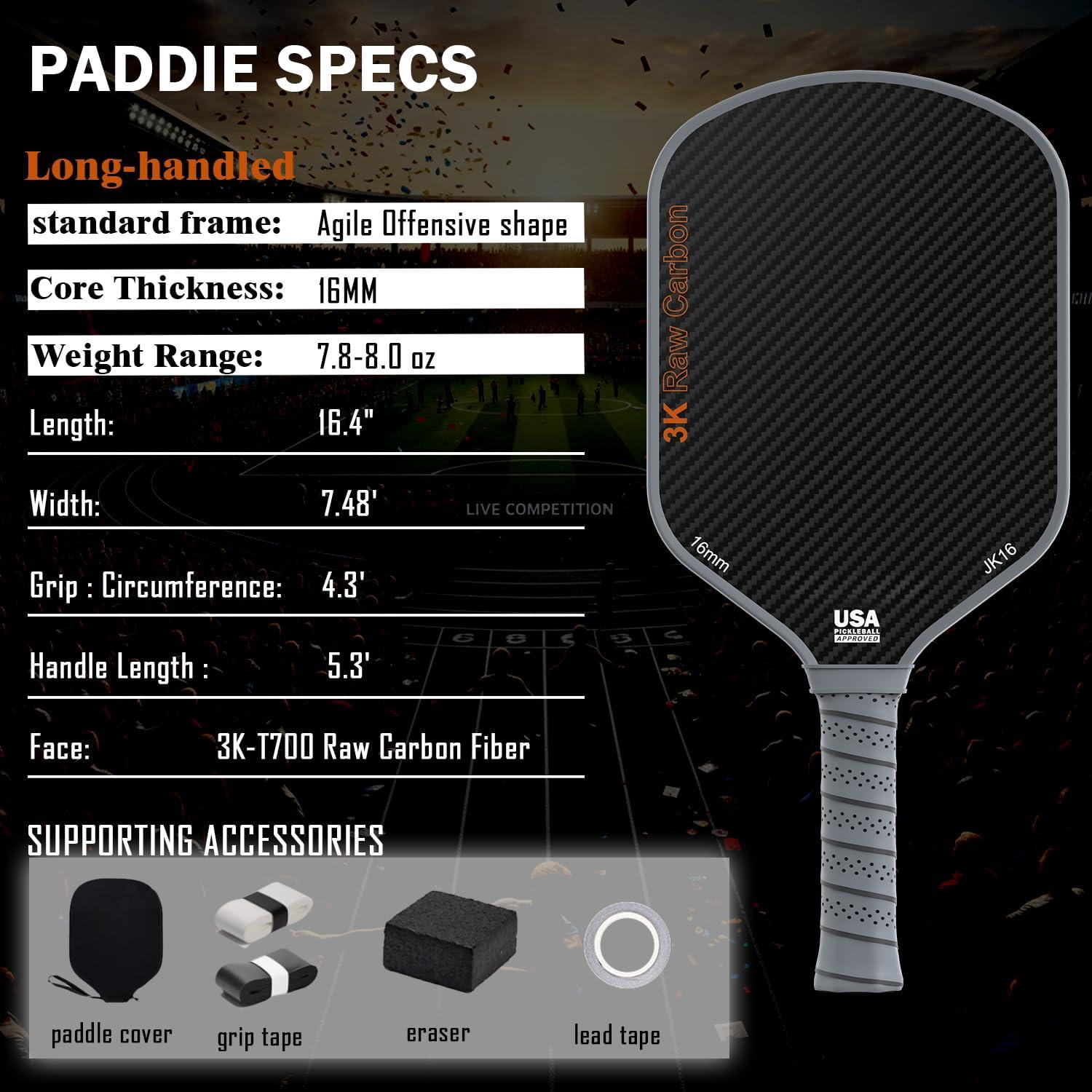 Professional Pickleball Paddles- T700 Carbon Fiber Pickle Racket- 3k Frosted Surface For Enhanced Spin And Friction - Usapa Approved Offensive Long Paddle Intermediate Advanced Players