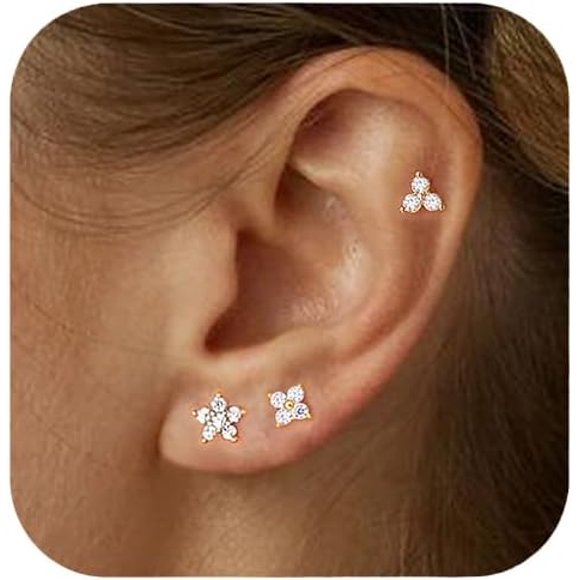 3 Pairs 14K Gold Stud Earring Sets for Women, Tiny Flower Cartilage Tragus Earrings for Multiple Piercing