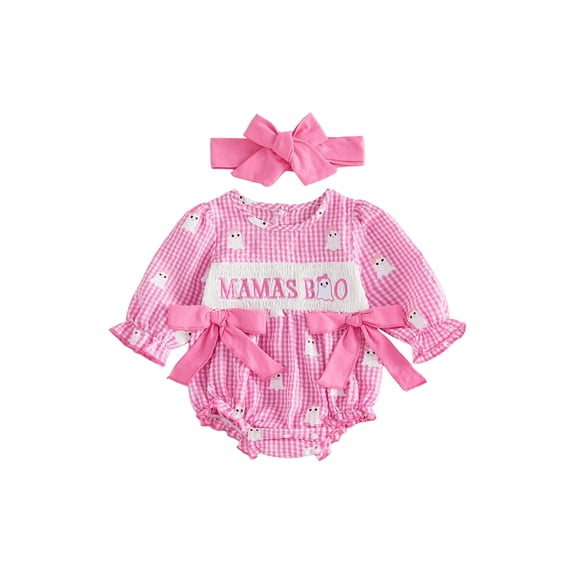 RUINIXCW Newborn Baby Girls Halloween Outfit Gingham Plaid Bubble Romper Long Sleeve Ghost Witch Hat Pumpkin Print Smocked Bodysuit Playsuit with Headband