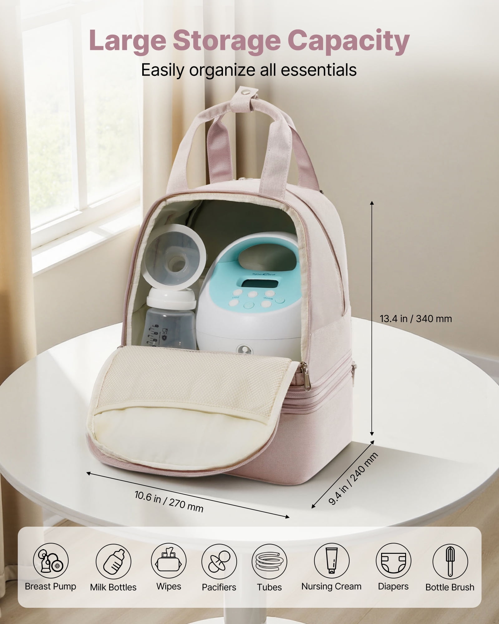 VEVOR Breast Pump Backpack, Breast Feeding Bag with Ice Pack, Fits for S1/S2, Pumping Accessories & Breastmilk Storage, Portable Pump Carrying Case for Work, Travel and Family Use, Light Pink