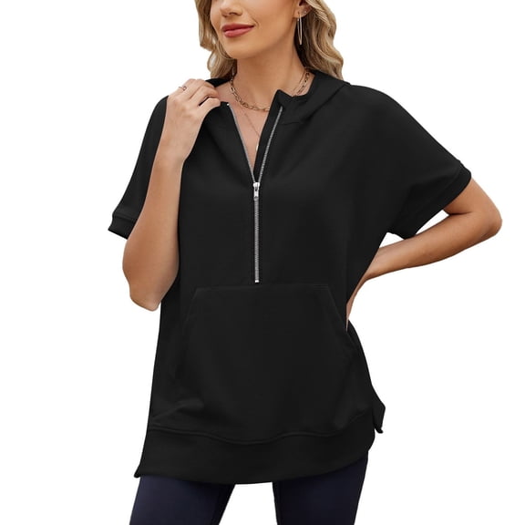 SWSMCLT Women's Short Sleeve Shirt Elasthane Hoodies Cozy Hooded Date Crew Neck Billowy Holiday Light Pull Over Kangaroo Pocket Black X-Large