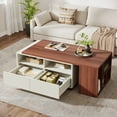 thumbnail image 6 of Tribesigns Coffee Table, Extendable Coffee Table with 2 Drawers and Storage Shelves, Rectangular Wooden Center Table with Reversible Tabletop for Living Room (White & Walnut), 6 of 7