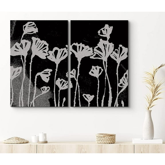 PixonSign Canvas Print Wall Art Set Under View of Buttercup Flowers Botanical Plants Illustrations Modern Art Alternative Dramatic Dark Black and White for Living Room, Bedroom, Office - 16"x24"x2