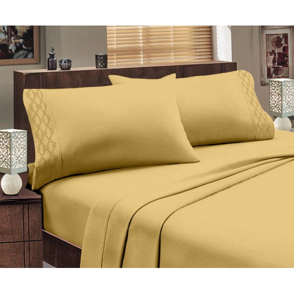Branch 1800 Series Egyptian Comfort Embroidered 4 Piece Sheet Set (King, Gold)
