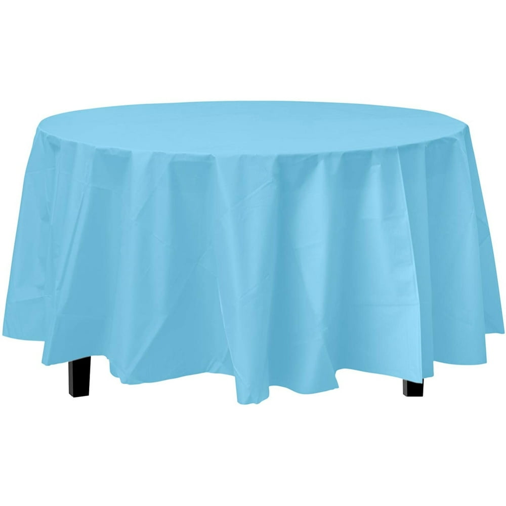 Bulk Premium Plastic Disposable 84 inch Round Tablecloth, Sky Blue Round Table Covers 12 Pack