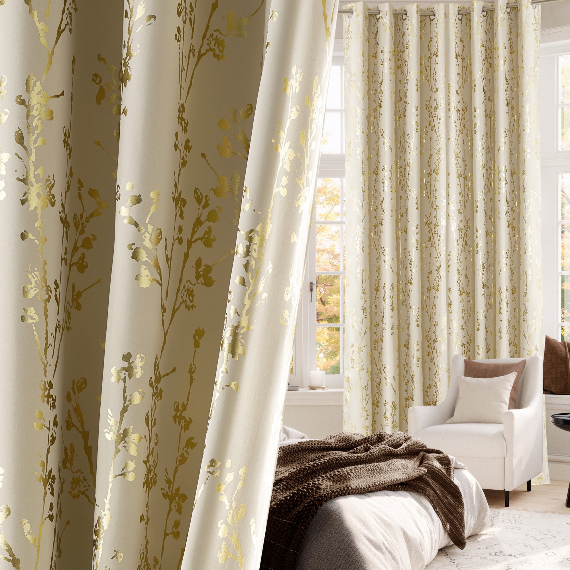 NICETOWN Full Room Darkening Curtains Thermal Insulated Curtains for Living Room Blackout Drapes with Gold Ivory Tree Branch Pattern for Bedroom, Grommet Top, 52W x 63L Inch, Set of 2, Beige