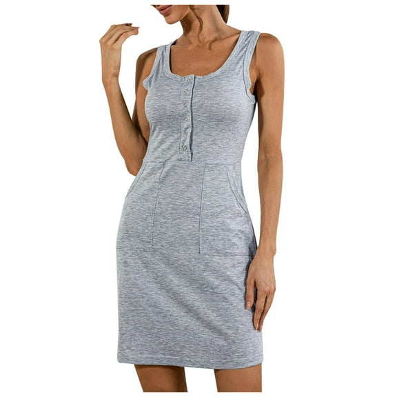 Summer Sleeveless Tank Dress for Women Solid Square Neck Button Slim Fit Mini Dress Casual Comfy Pockets Short Dress