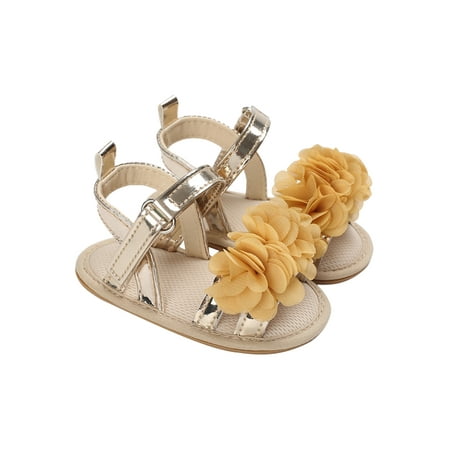 

Suanret Infants Newborn Baby Girls Sandals Flower Embellished Design Ring Buckle Press Closure Soft Sole Non-Slip Summer Shoes Gold 9-12 Months