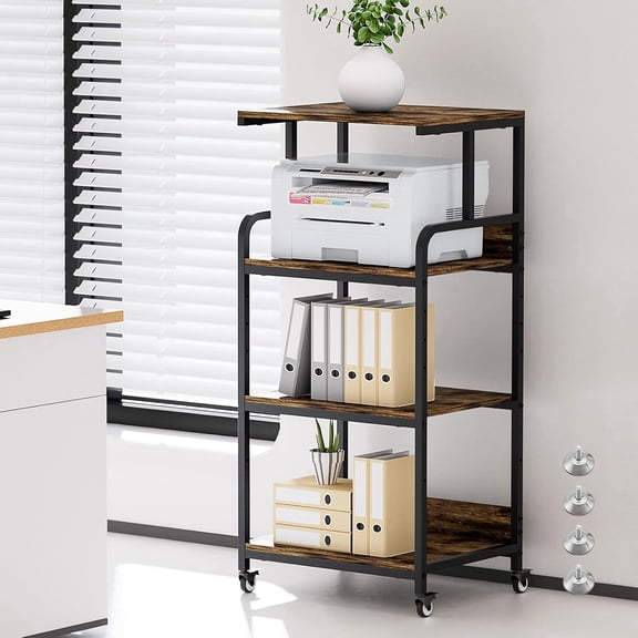 4 Tier Printer Stand with Storage Shelf, Large Tall Printer Table for Home Office, Movable Printer Cart with Industrial Wheels for Paper Shredder Scanner Fax Heat Press Small Space (Rustic Brown)