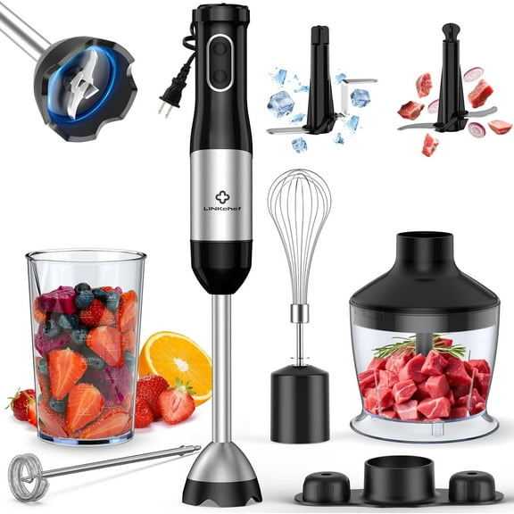 **7 in 1 immersion blender handheld, 800w hand blender set, scratch resistant with 2 titanium steel blades, 20 speed and turbo mode, includes whisk, milk frother, food processor & beaker