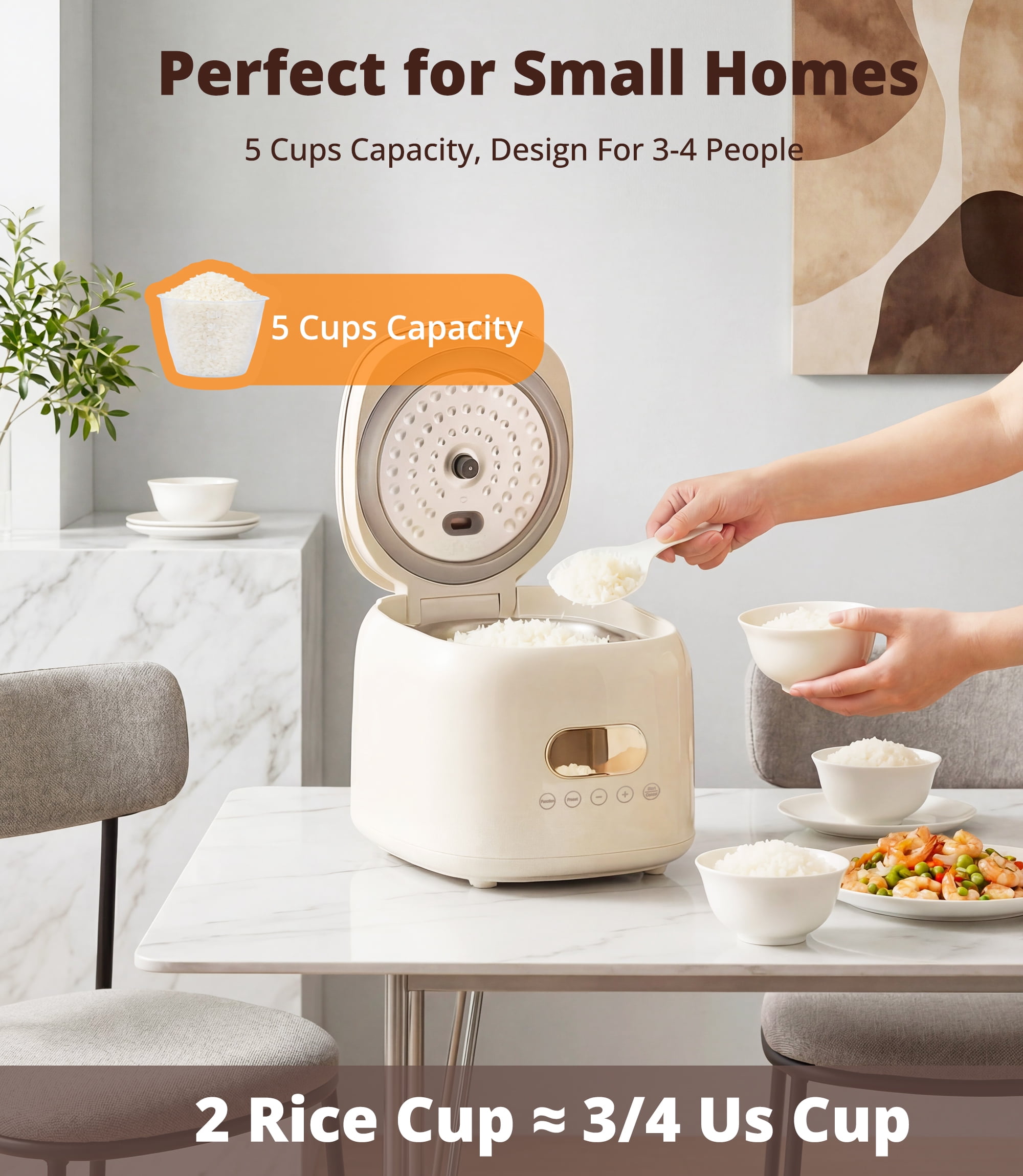Casualife 3QT Rice Cooker with Starch-Reducing Steamer, 10-in-1 Multicooker with No-Coating Inner Pot and 24-Hour Timer, White