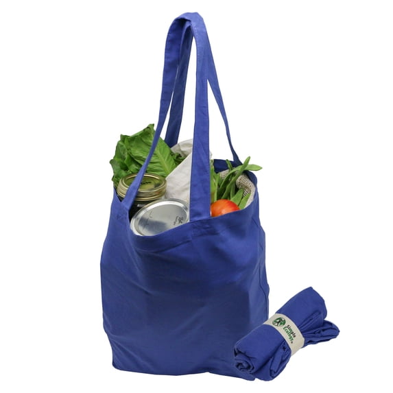 Simple Ecology Organic Cotton Reusable Folding Rolled Tote with Inner Pocket and Button Snap Closure - Blue