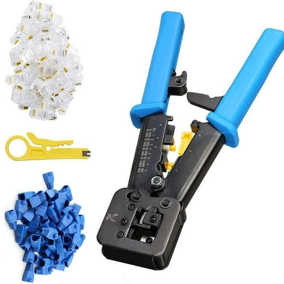 RJ45 Crimping Tool Ethernet Crimper Cat6 Cat5 Cat5e RJ45 Pass Through Connectors R11/RJ12 Regular Ends with 50Pcs Connectors 50Pcs Covers Mini Wire Stripper