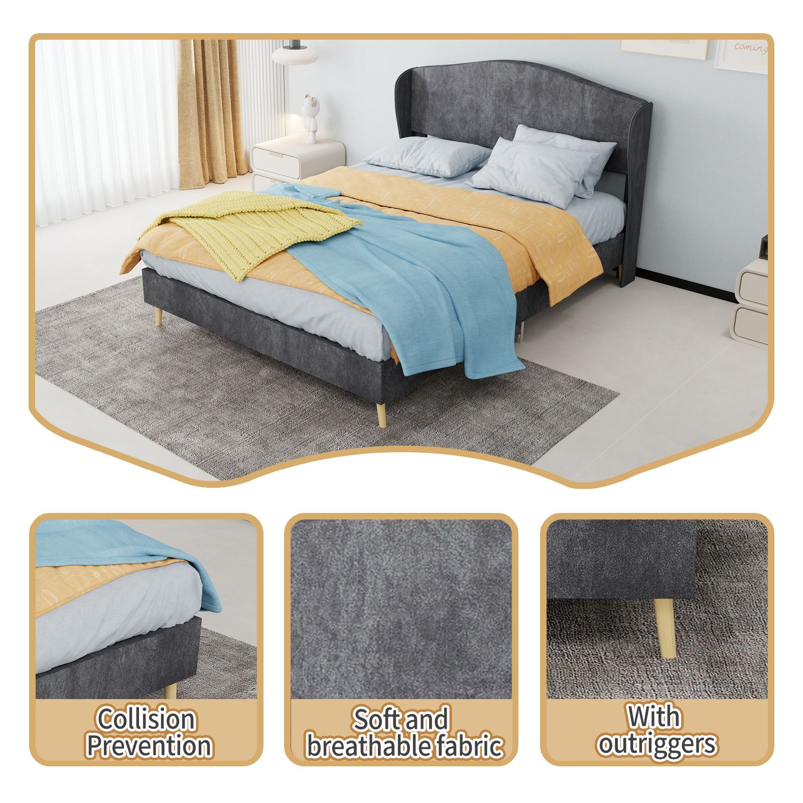 Alvantor Full Size Upholstered Bed Frame with Padded Headboard, Holland Velvet Tufted Noise-Free & Durable Gray