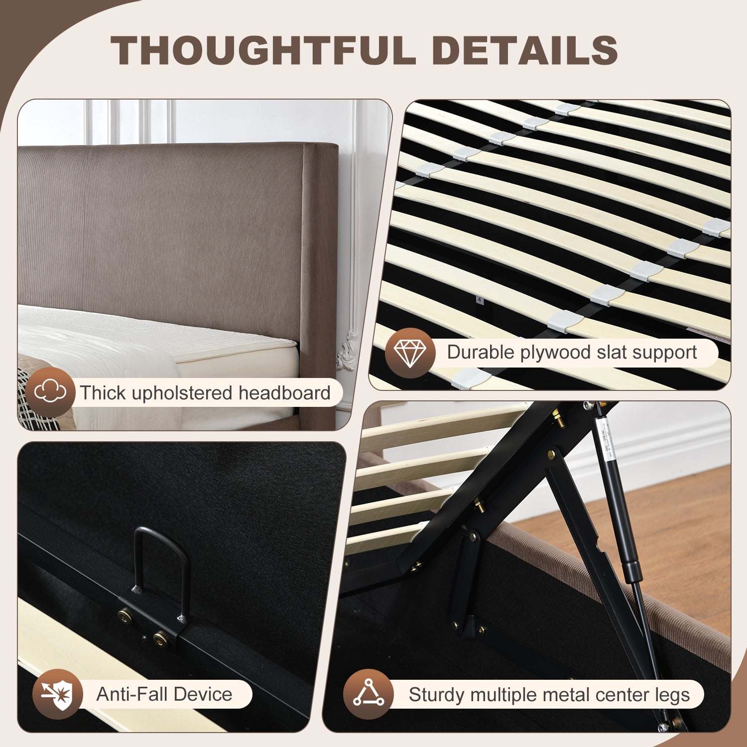 King Size Bed Frame with Lift Up Storage, Corduroy Upholstered Platform Bed with Wingback Headboard, No Box Spring Needed, Hydraulic Storage, Coffee