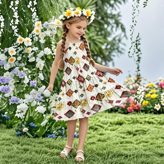 Nmnitkp Girl Dresses Cute Summer Sundress Boho Strap Casual Sleeveless Tiered Cami Dresses Multicolor,7 Years