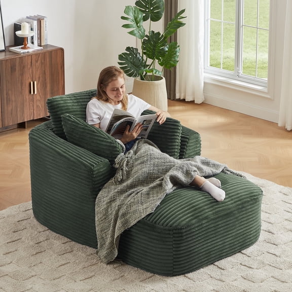 Kosynda 65"D Chaise Lounge Chair Indoor, Corduroy Boneless Sleeper Couch Reading Chair, No Assembly Required for Living Room, Office, Green