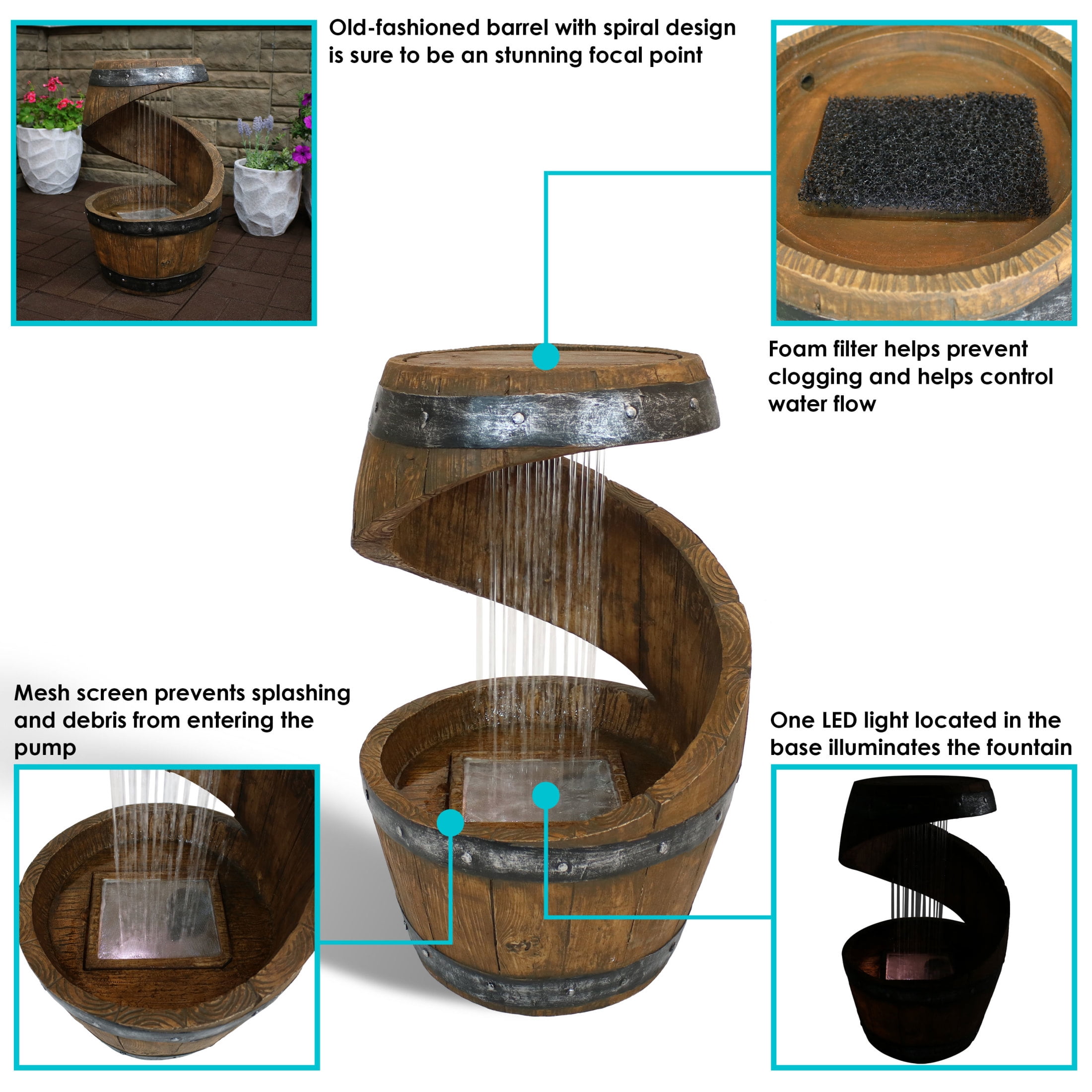 Sunnydaze Spiraling Barrel Resin Outdoor Water Fountain with Light