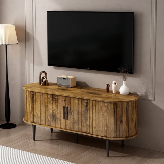 47 Inch Brown Modern TV Console Table, Mid-Century Entertainment Center with Sliding Door and Storage Cabinet, Multifunctional TV Stand for Living Room, Bedroom & Office