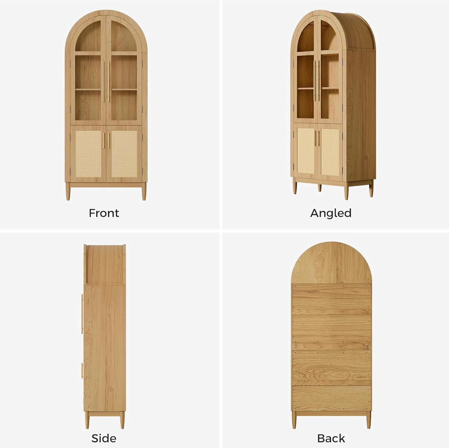 MAYEERTY 71"H Arched Accent Cabinet, Wood Kitchen Pantry Cabinets with Glass Rattan Door and Adjustable Shelf for Living Room, Dining Room, Natrual