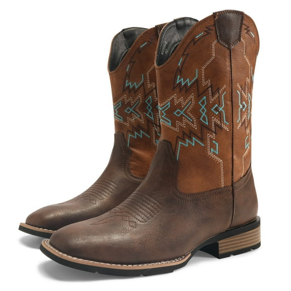 Cloudstyle Men's Solid Round-Toe Cowboy Boots, Breathable PU Leather High Shaft Work Boots with Anti-Slip Rubber Sole